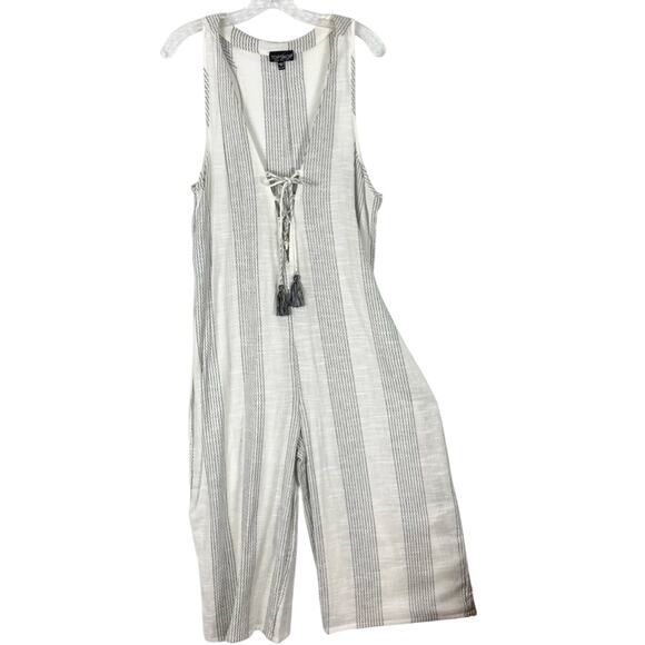 nwot TOPSHOP Jumpsuit  US 14 Stripe White Black Wide-Leg Tassels V-Neck Cotton - Picture 1 of 16